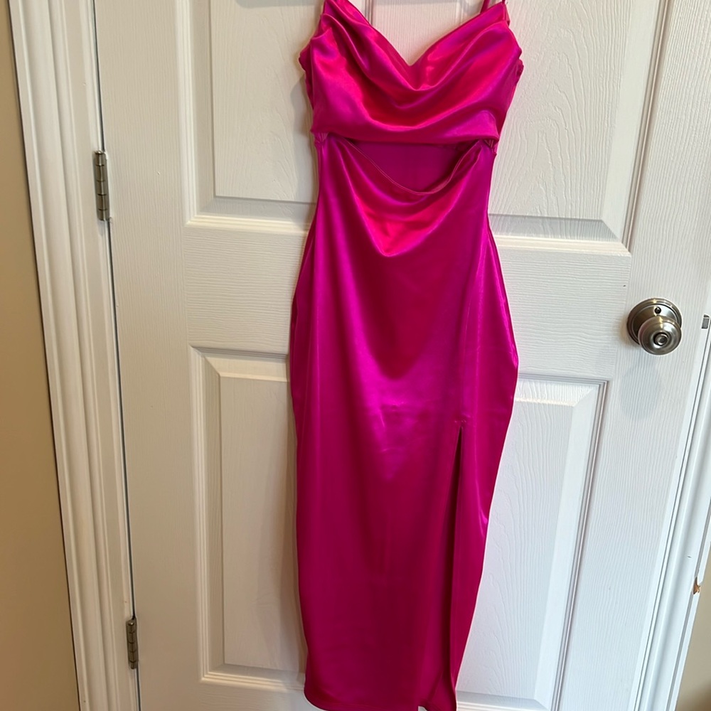 Windsor hot pink cut out dress with high slit spaghetti straps